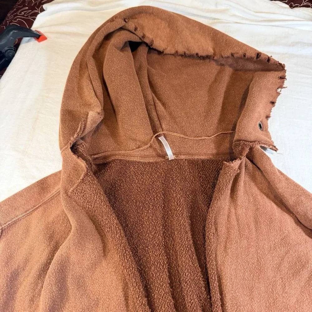 Free People Brown Hoodie Size L 3/4 Sleeve V Neck West Track Lagenlook  Distress